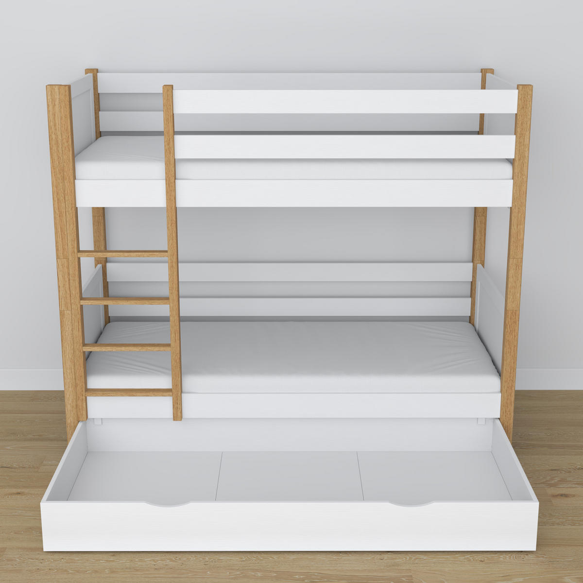 ETAGENBETT N02 mit Schublade Weiß / Eiche Natur 90/190 - Eiche Artisan/Weiß, Naturmaterialien/Holz (90/190cm) - N-Wood