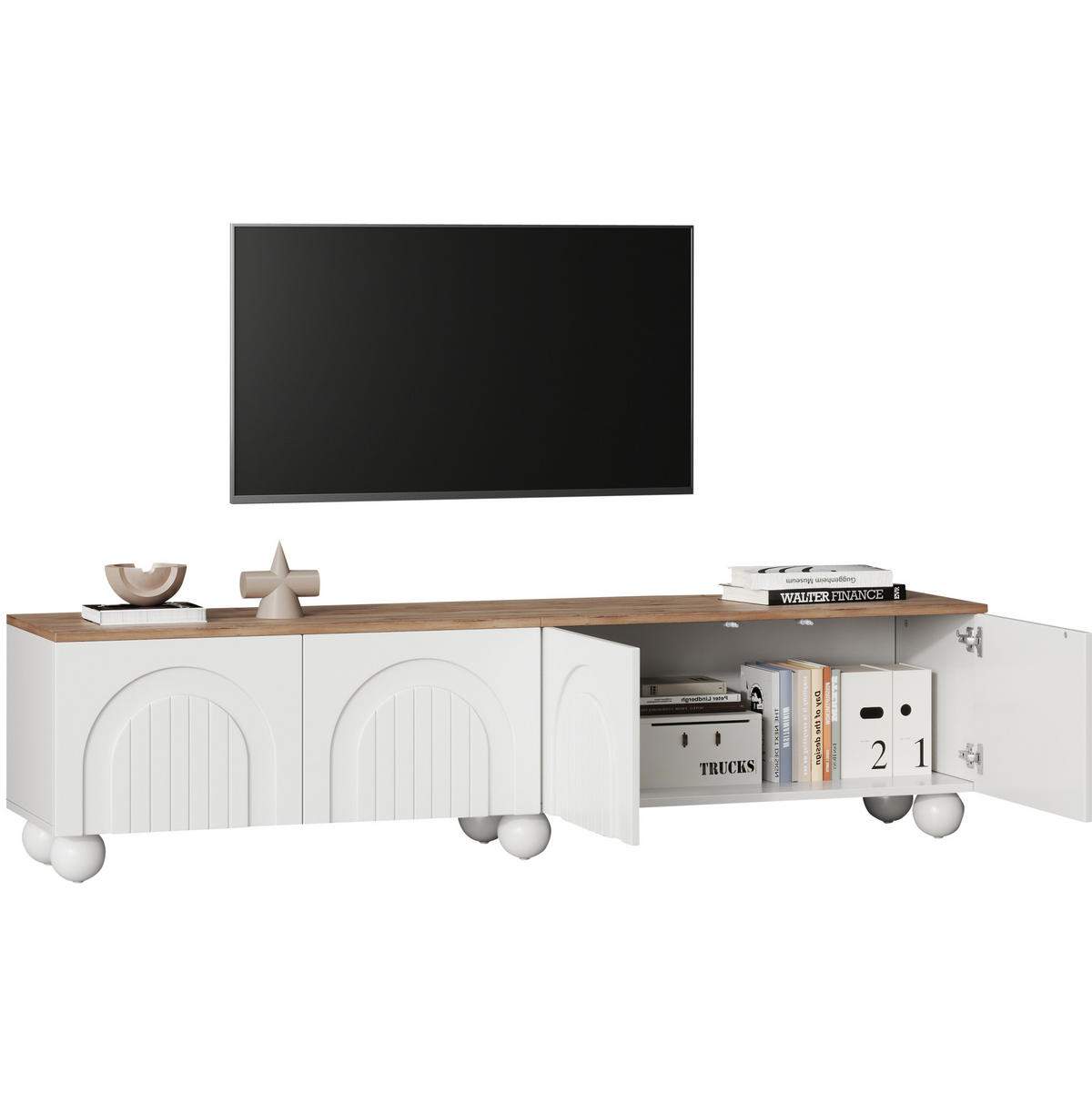 TV-LOWBOARD aus MDF 180x40x45 cm Weiß und Holzoptik mit 4 Türen und Stauraum - Weiß, Holzwerkstoff (180/45/40cm) - IVMEU
