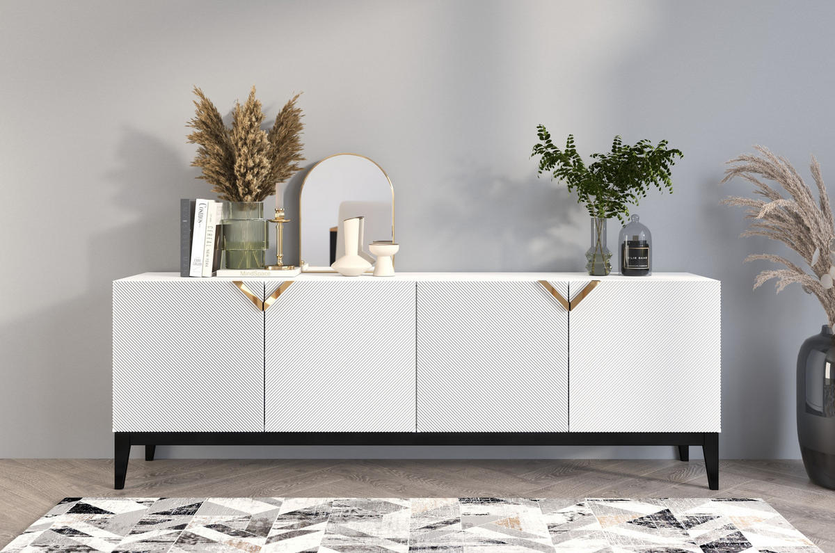 SIDEBOARD Demi Long, Weiß-Schwarz-Gold, Mit Gefrästen Fronten, Massive Buche - Goldfarben/Schwarz, Holz/Holzwerkstoff (201.5/70/42cm) - Visby