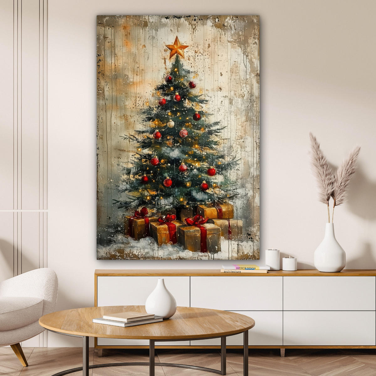 LEINWANDBILD Weihnachtsbaum - Vintage - Weihnachten - Geschenk 80x120 cm - Rostfarben, Textil (80/120cm) - MuchoWow