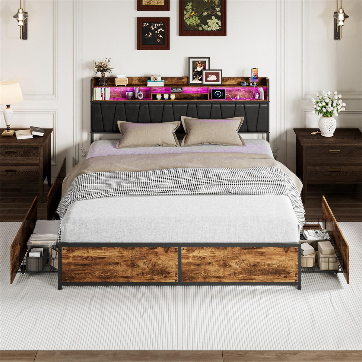 METALLBETT 180x200 cm mit 4 Schubladen - Kopfteil mit offenem Stauraum - LED Beleuchtung & integrierte Ladestation - Schwarz, Metall (180/200cm) - DELFA