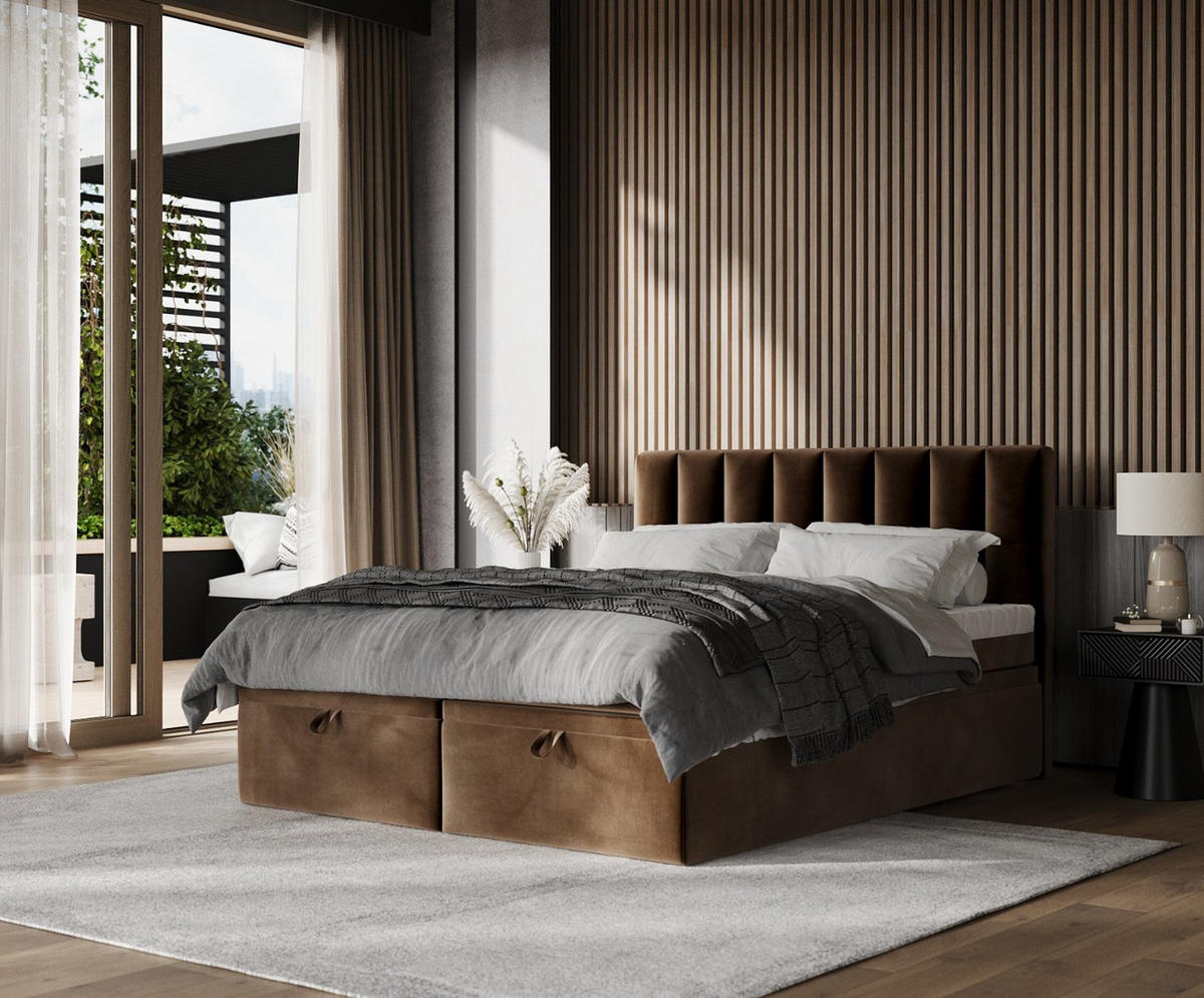 BOXBETT Lume 200/200 cm Braun im Kronos Stoff - Schwarz/Braun, Holz/Holzwerkstoff (200/200cm) - AltaBeds