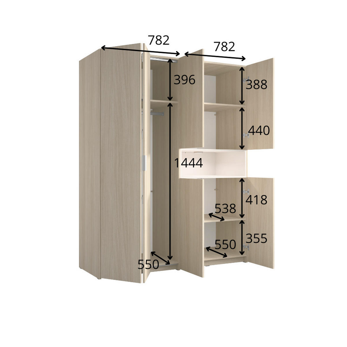 KLEIDERSCHRANK VARENO 20 - 161×202×58 cm 6 Türen mit Beleuchtung Barista Eiche / Wüstensand - Sandfarben/Eichefarben, Holzwerkstoff (161/202/58cm) - Milaros Markt