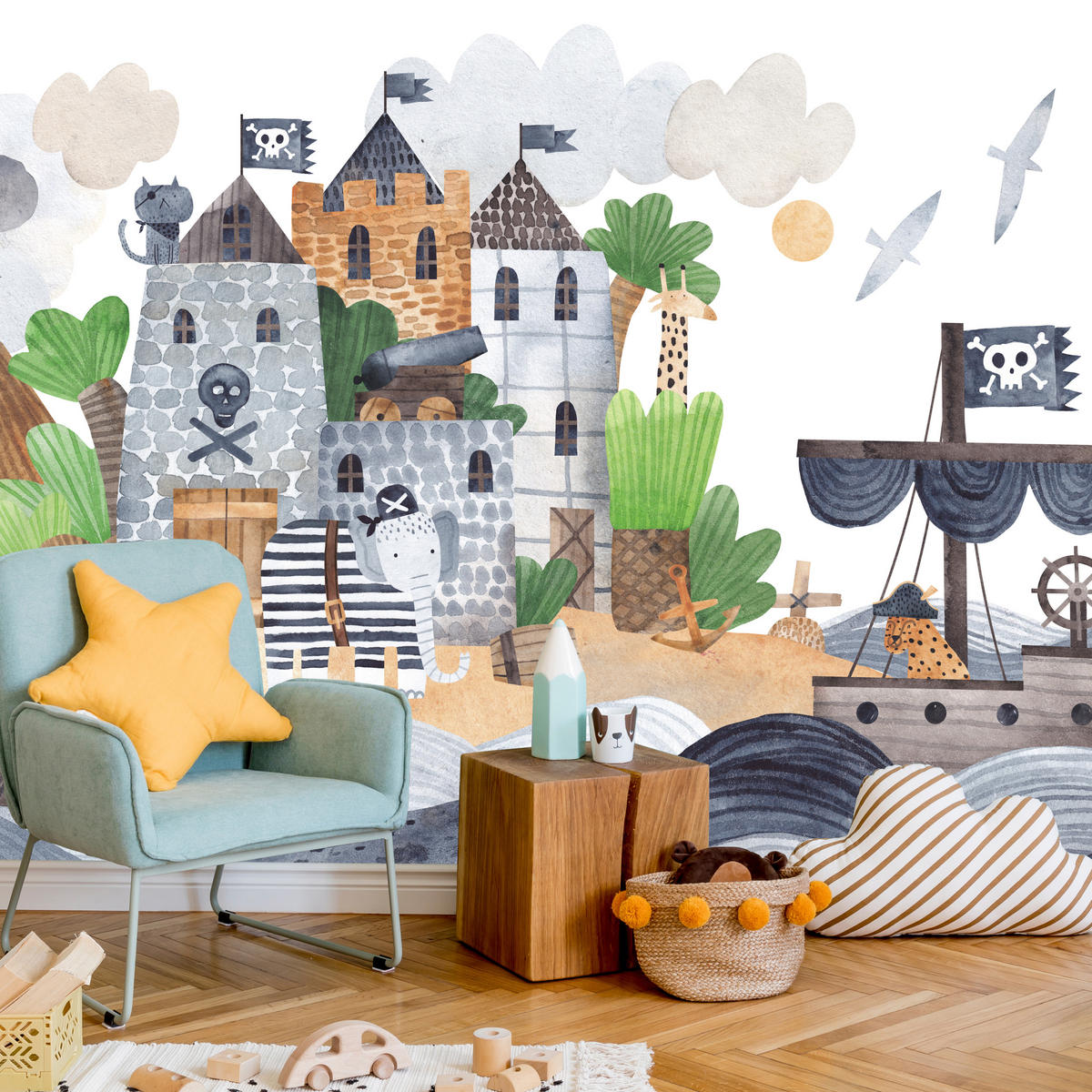 FOTOTAPETE für Kinderzimmer Märchen Piratenfestung Schiff Meereswellen 100x70 - Blau/Beige, Papier (100/70cm) - Muralo