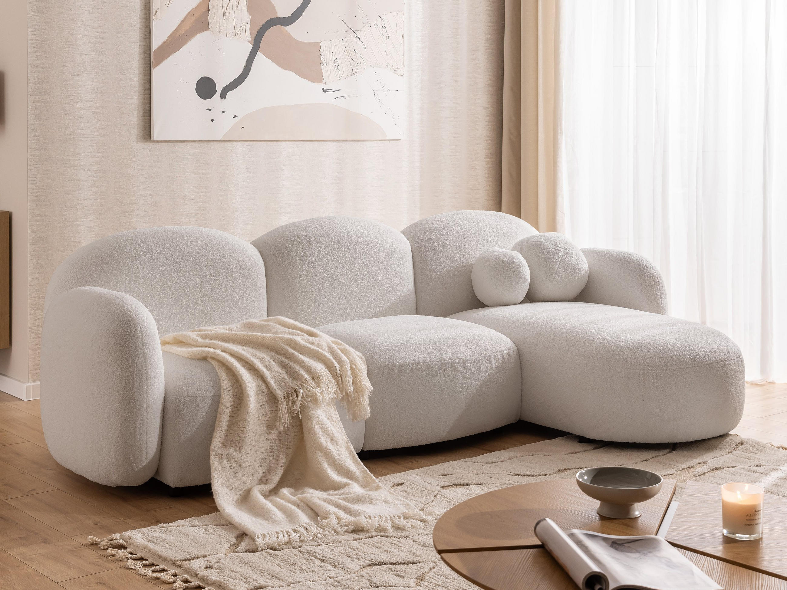 ECKSOFA Nuvola mit abgerundetem Design Schwarz Bouclé-Stoff - Ottomane Rechts - Schwarz/Weiß, Holz/Kunststoff (268/146cm) - S-Style Möbel