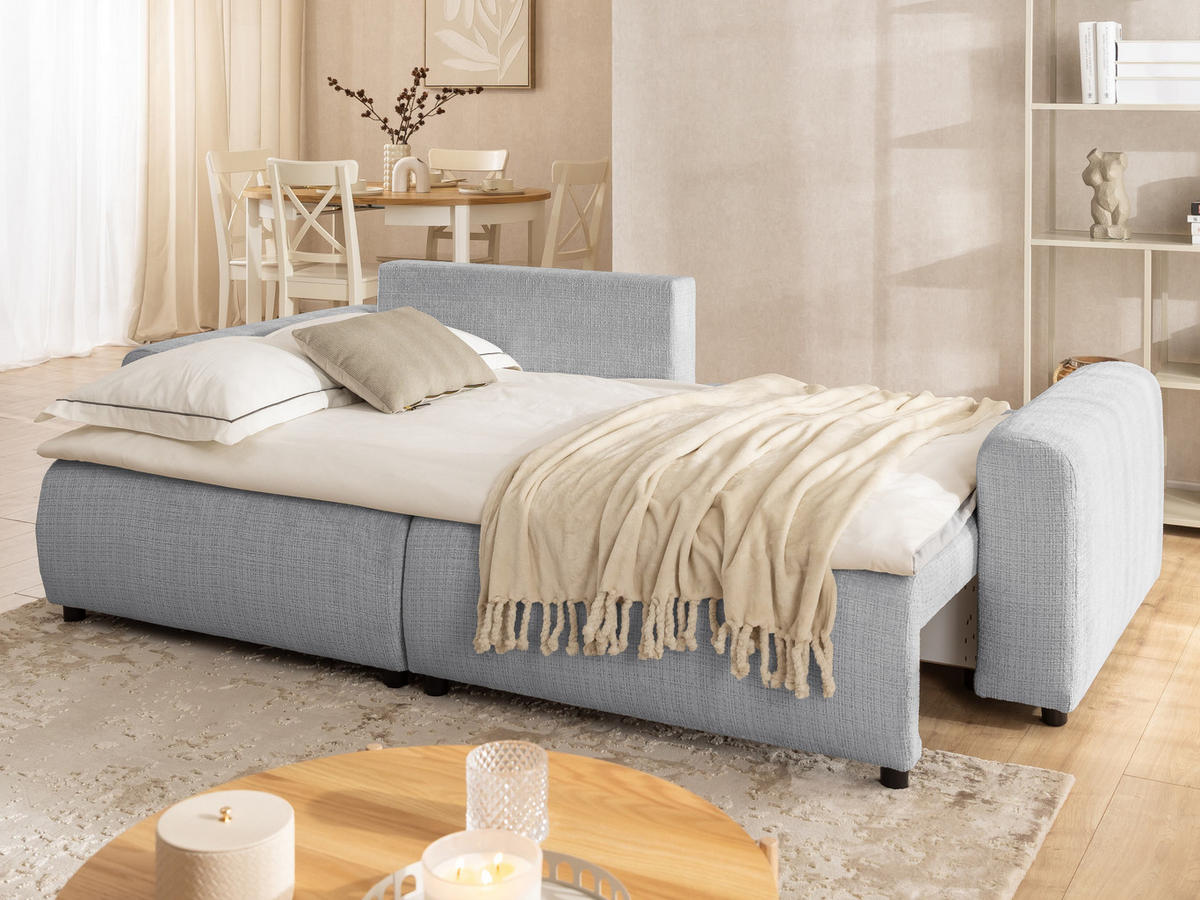 ECKSOFA Calma mit Schlaffunktion und Bettkasten im Bumpy-Design aus weichem Hellgrau Chenille-Stoff - Ottomane links - Beige/Hellgrau, Holz/Kunststoff (140/239cm) - S-Style Möbel