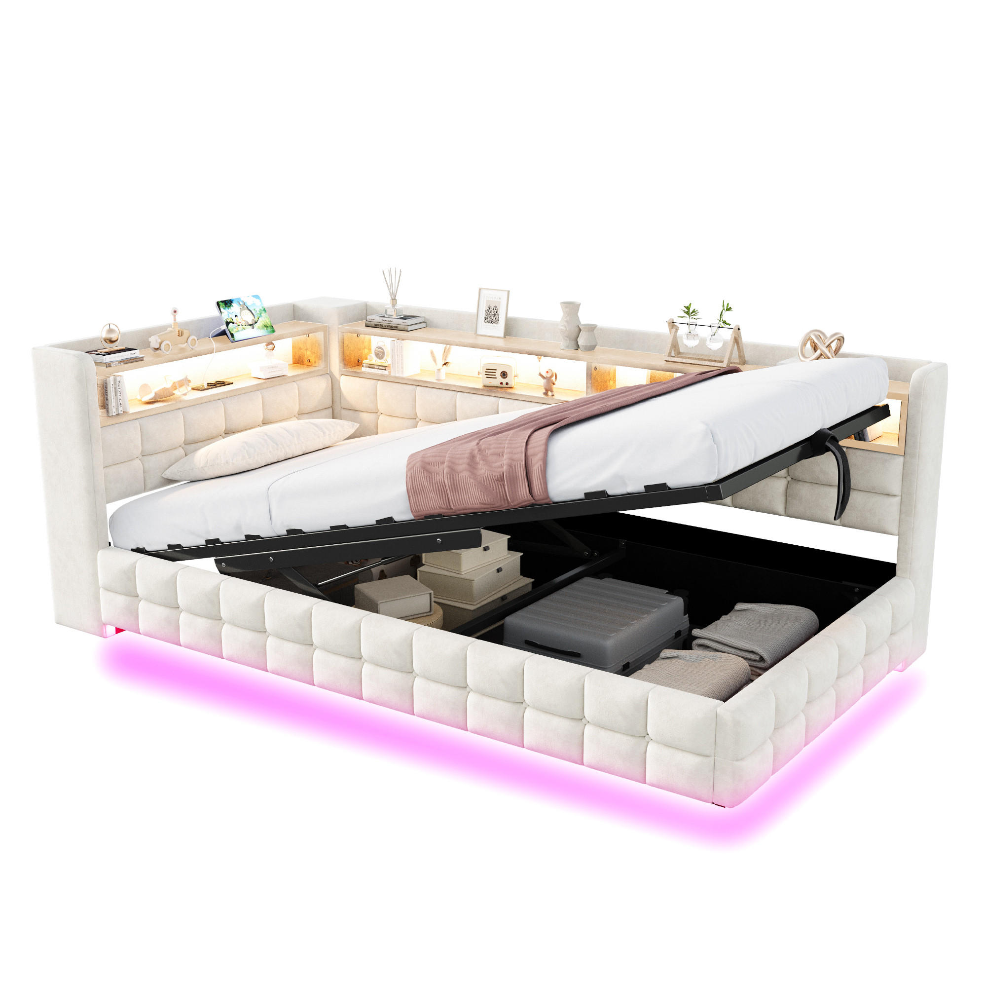 POLSTERBETT 90/200 cm in Beige mit Stauraum, LED-Beleuchtung und USB/Type-C - Beige, Textil (90/200cm) - Flora Grace