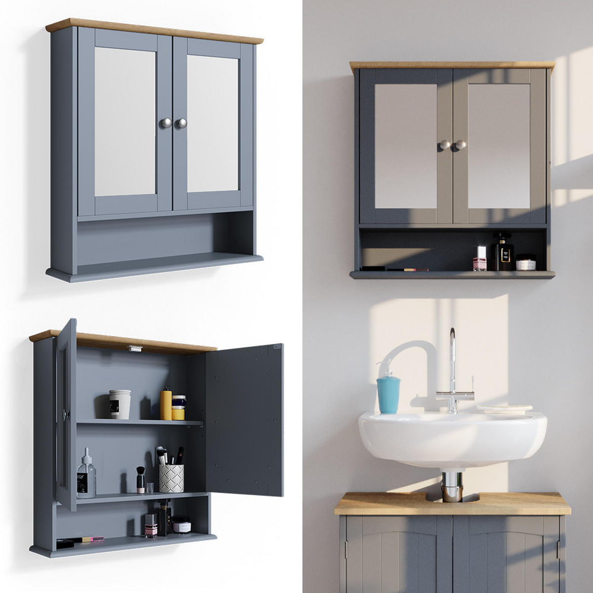 BADSPIEGELSCHRANK Bianco Grau 56 x 58 cm - Grau, Holzwerkstoff (56/58/13cm) - Vicco