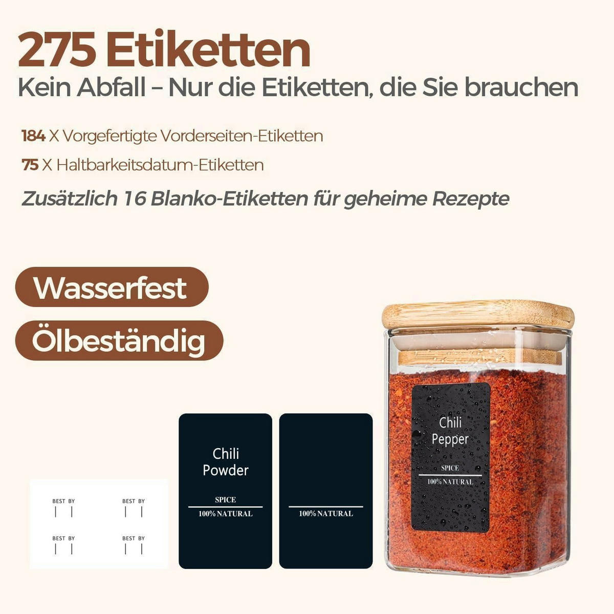 GEWÜRZGLÄSER 12-teiliges Set 240 ml Glas mit Holzdeckel - Multicolor, Glas (6/10.6/6cm)