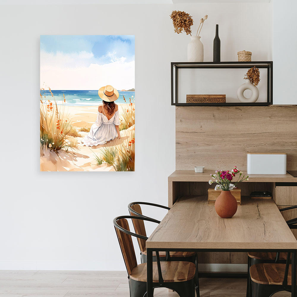 LEINWANDBILD Frau Strand Meer Landschaft 70x100cm - Beige, Textil (70/100cm) - Feeby