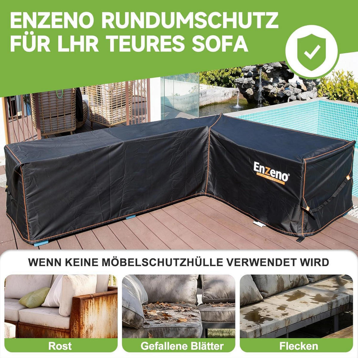 GARTENMÖBEL Abdeckung L-Form 210 x 260 x 87 cm Wasserdicht - Schwarz, Kunststoff (210/87/260cm)