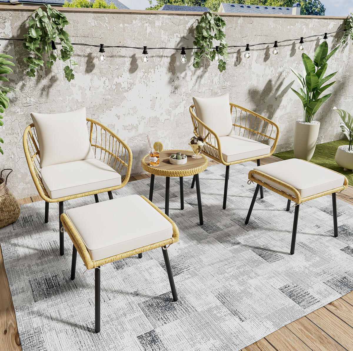 GARTEN-LOUNGE-SET 5-teilig mit Tisch, 2 Stühlen, 2 Hockern und Sitzkissen, Weiß/Natur - Naturfarben, Metall - Redom