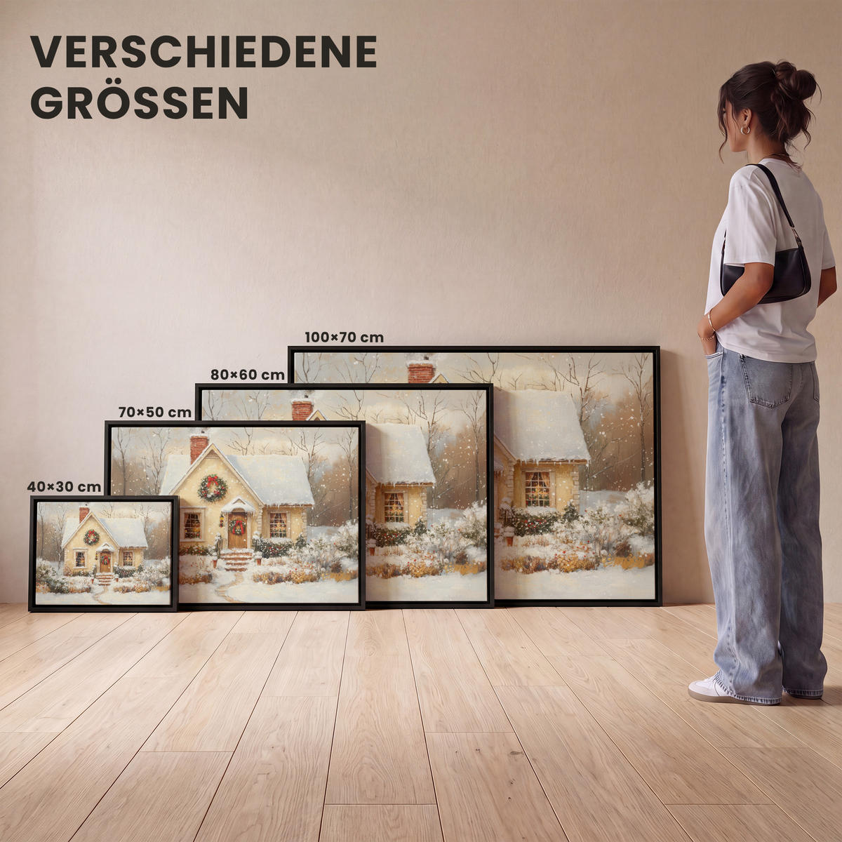 LEINWAND Bilder mit Rahmen - Weihnachten - Zuhause - Winter - Schnee - 70x50 - Creme, Textil (70/50cm) - MuchoWow