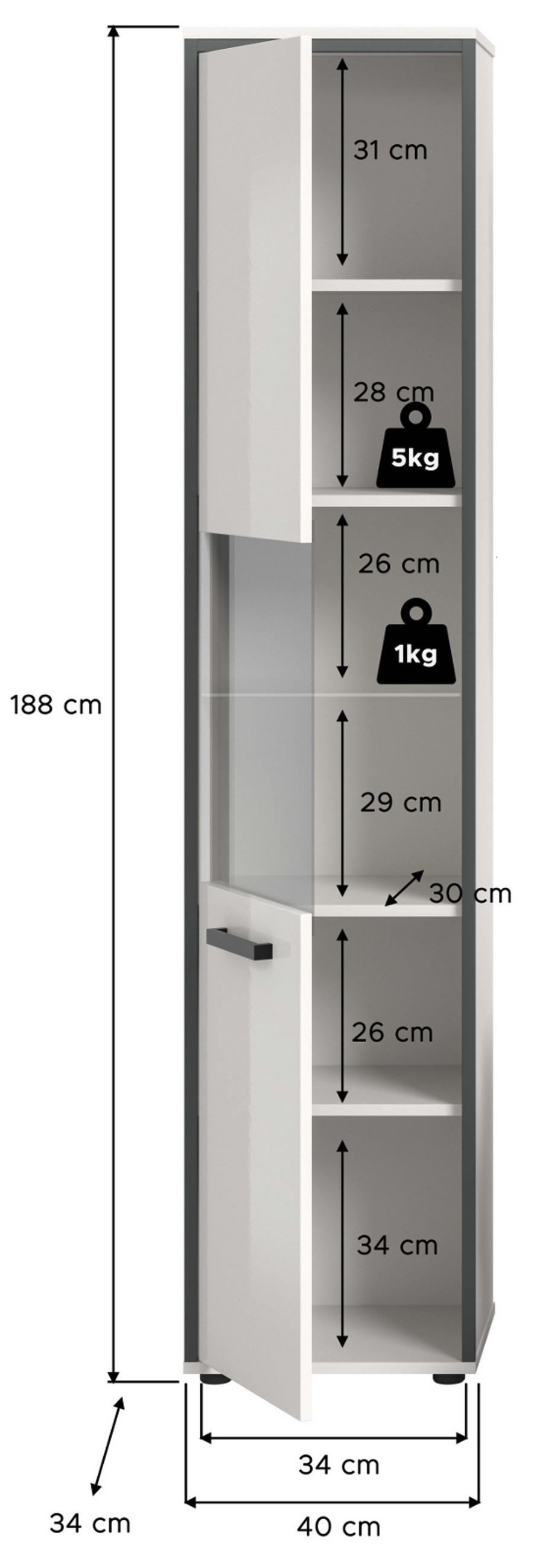 HOCHSCHRANK weiß Hochglanz, grau 40 cm, Badschrank, Türanschlag wechselbar - Weiß Hochglanz/Schwarz, Glas/Holzwerkstoff (40/188/34cm) - Inn.Furn