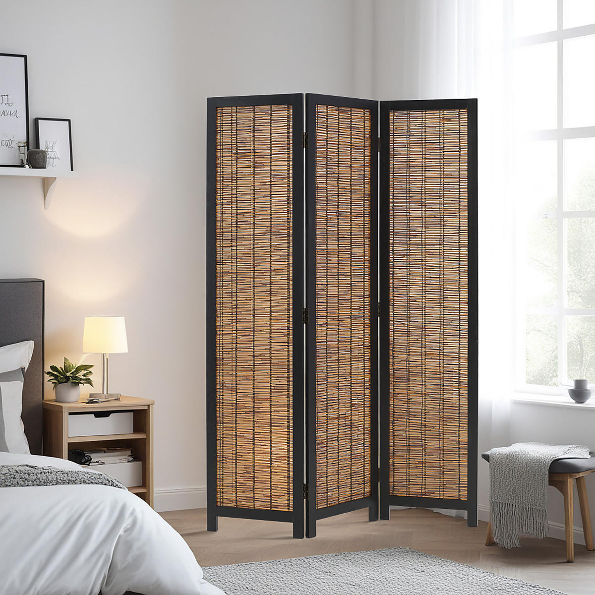 PARAVENT 120/170 cm Schwarz Holz Weide - Schwarz/Braun, Holz (120/170/2cm) - Homestyle4u