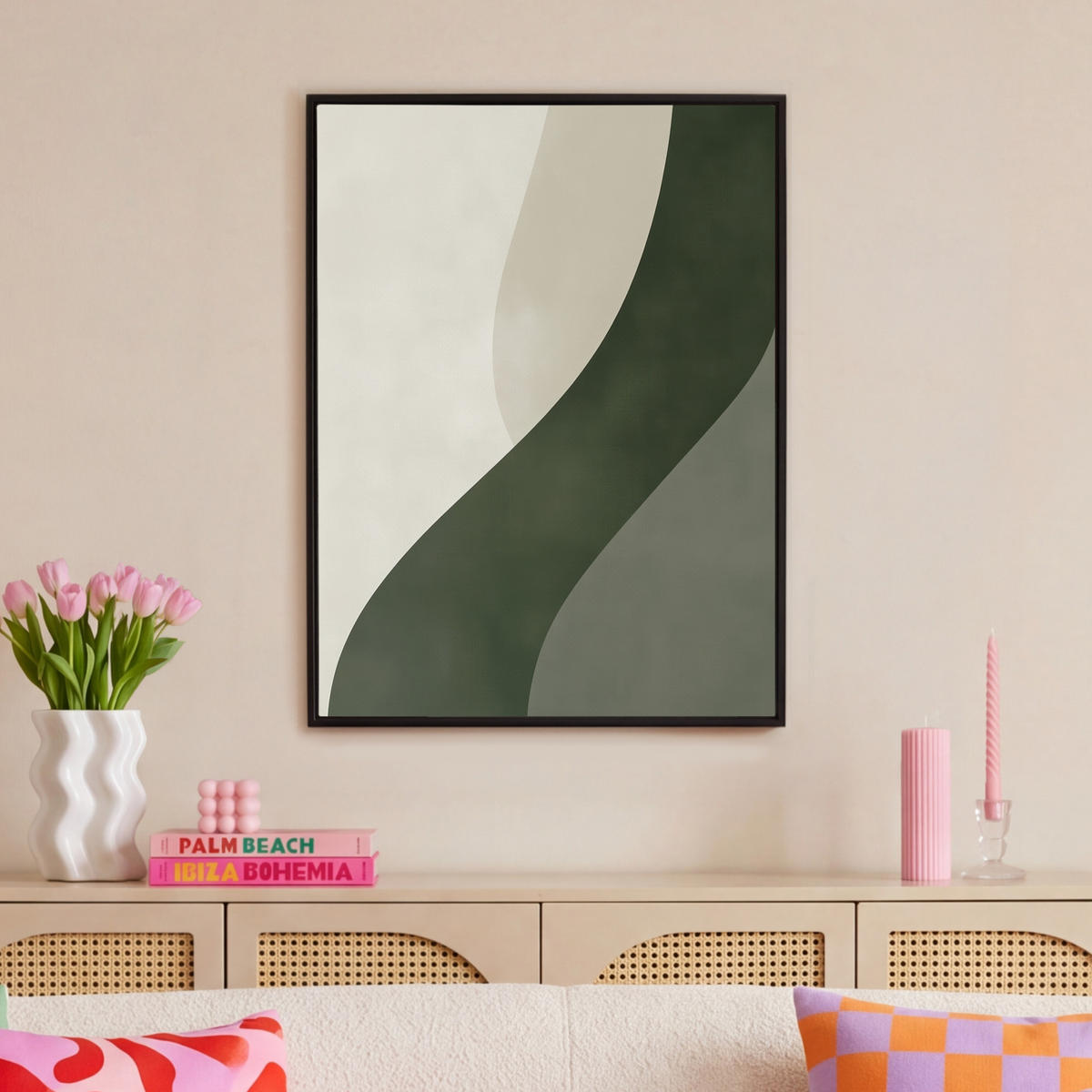 LEINWAND Bilder mit Rahmen - Japandi - Grün - Abstrakt - Modern - 70x100 - Salbeigrün, Textil (70/100cm) - MuchoWow