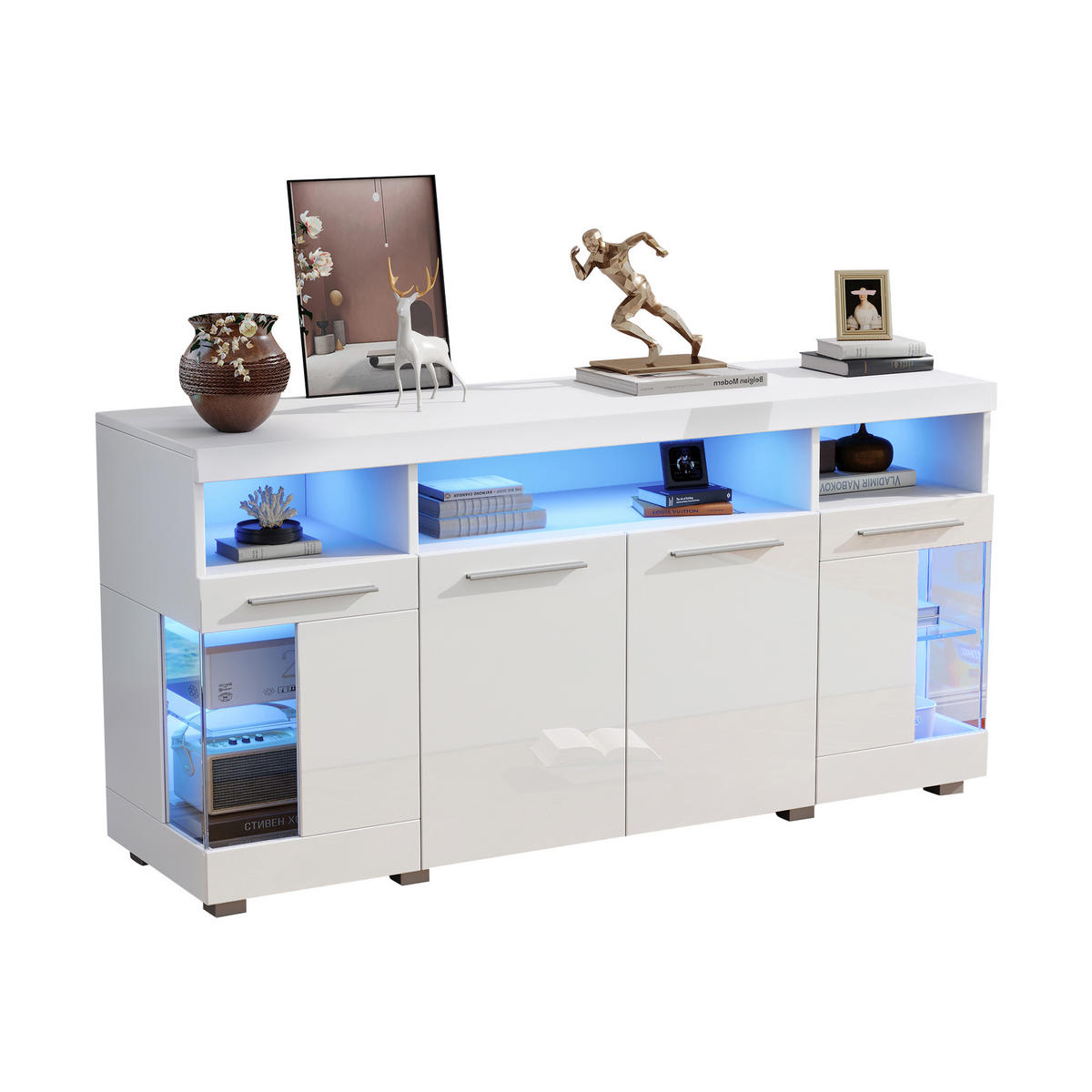 SIDEBOARD, LED, 3 Fächer, Glas, Weiß, 140x40x70cm - Weiß, Holzwerkstoff (40/70/140cm) - FLIEKS