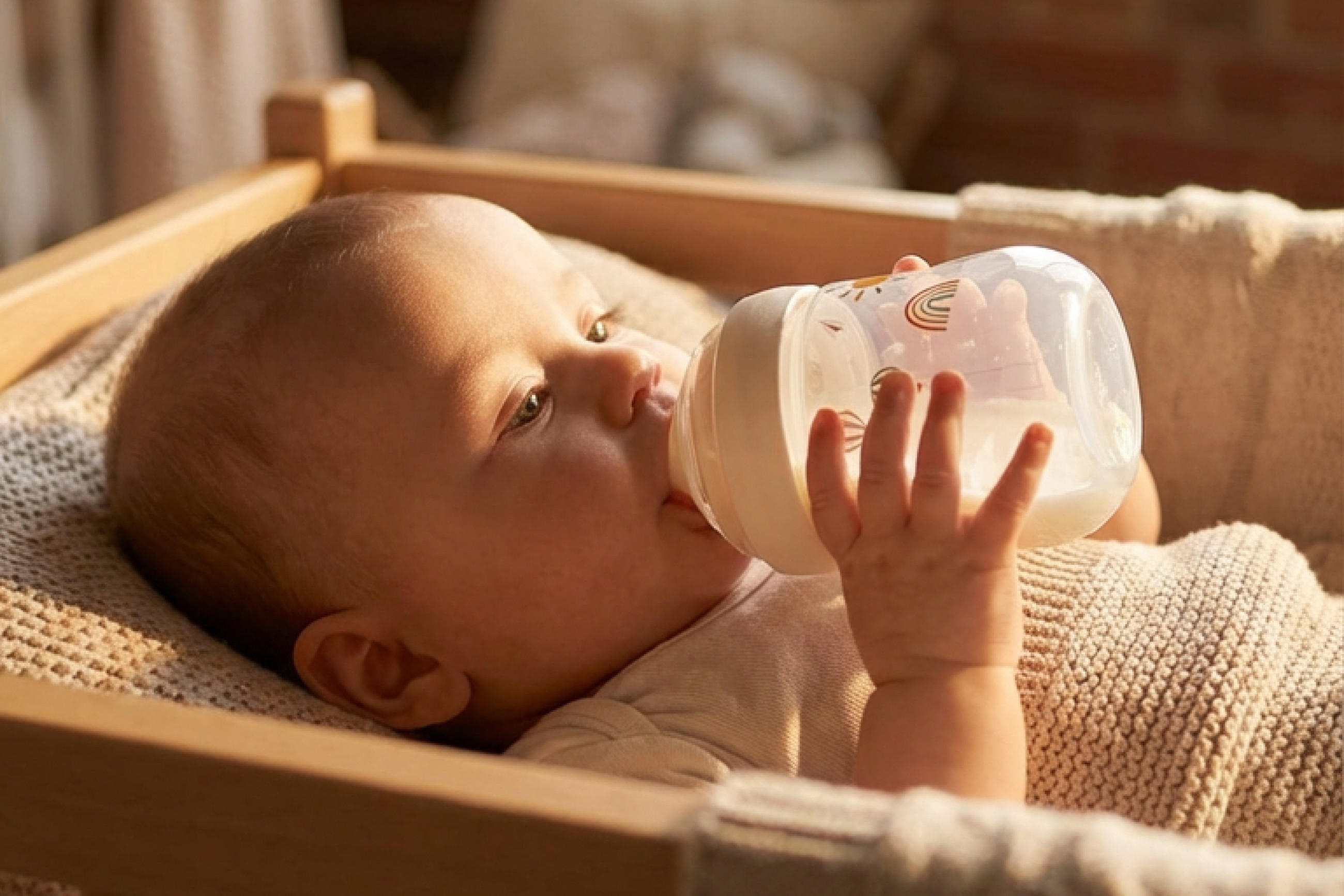 Ein Baby liegt in einer Wiege und hält eine Milchflasche mit einem Regenbogenmotiv in der Hand.