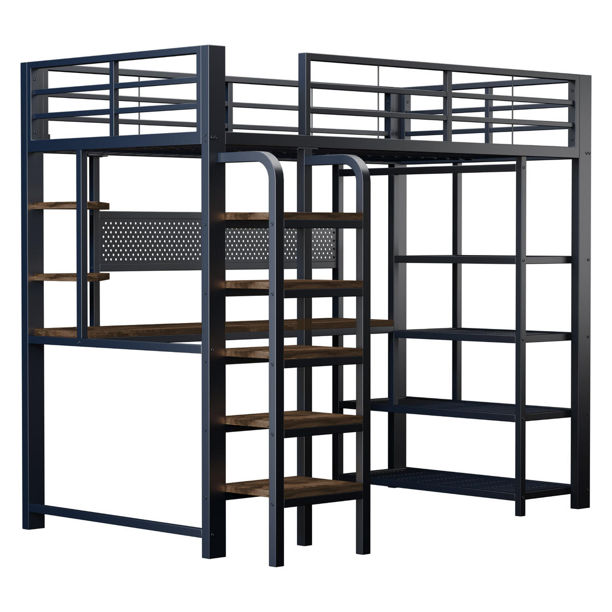 HOCHBETT 90/200 cm in Schwarz mit LED, Steckdosen, Schreibtisch und Ablagen - Schwarz, Holzwerkstoff/Metall (90/200cm) - WISHDOR