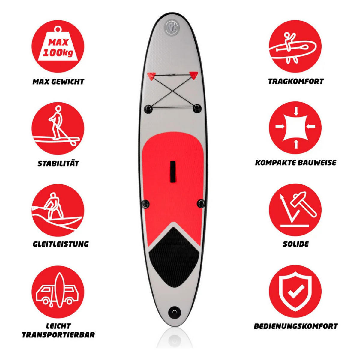 SURFBOARD Aufblasbar 243 cm SUP Board Mit Tasche Pumpe Finne Bis 100 kg - Rot/Schwarz, Kunststoff (243/57/7cm) - JUNG