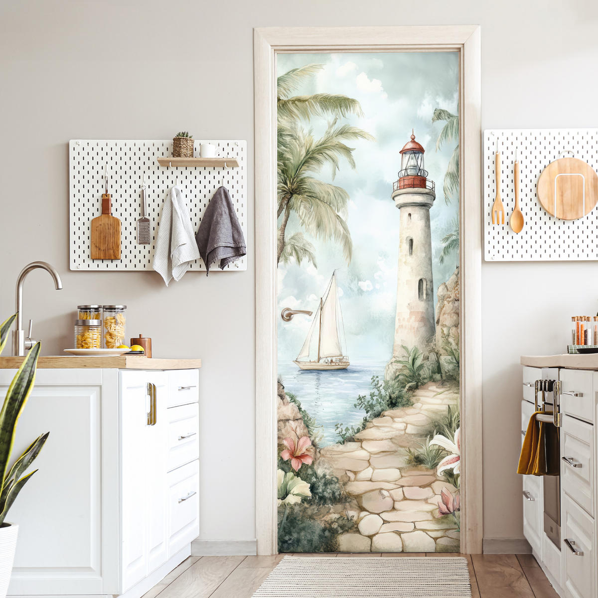 FOTOTAPETE Tür - Leuchtturm - Natur - Landschaft - Boot 95x235 cm - Eichefarben, Kunststoff (95/0.1cm) - MuchoWow