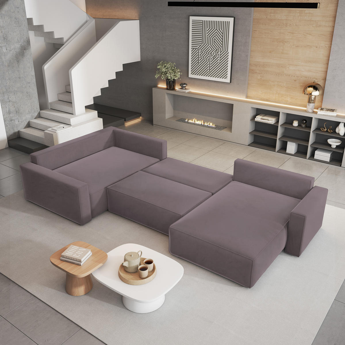 WOHNLANDSCHAFT VELAMI L-S Lila Velours-Stoff mit Schlaffunktion - Lila, Holz (365/83/194cm) - MASSENO