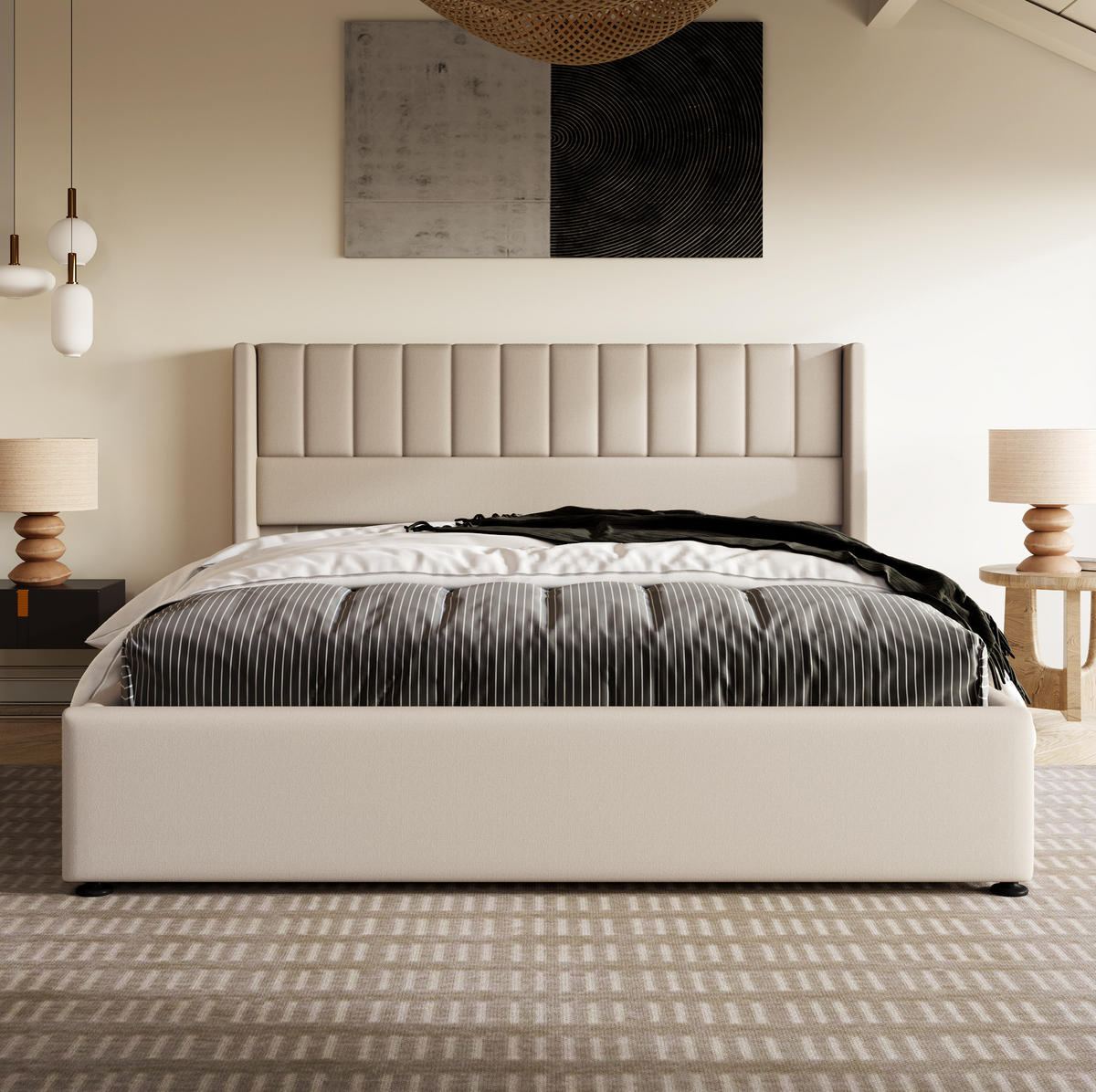 BETT mit Bettkasten 140x200 cm Leinen Beige - Beige, Metall (140/200cm) - Meubliv