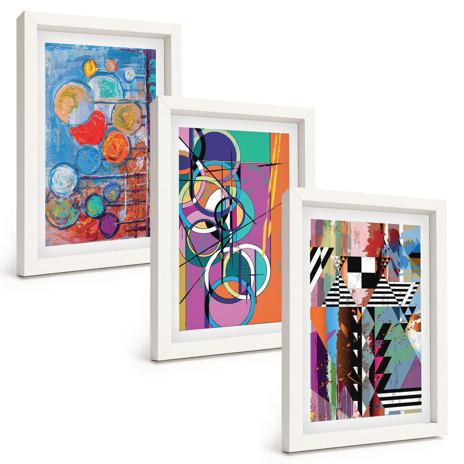 BILDER SET 3er Set - 20x30 cm Weißer Rahmen - Bunte abstrakte Kreise Geometrie - Weiß, Kunststoff (20/30cm) - TULUP