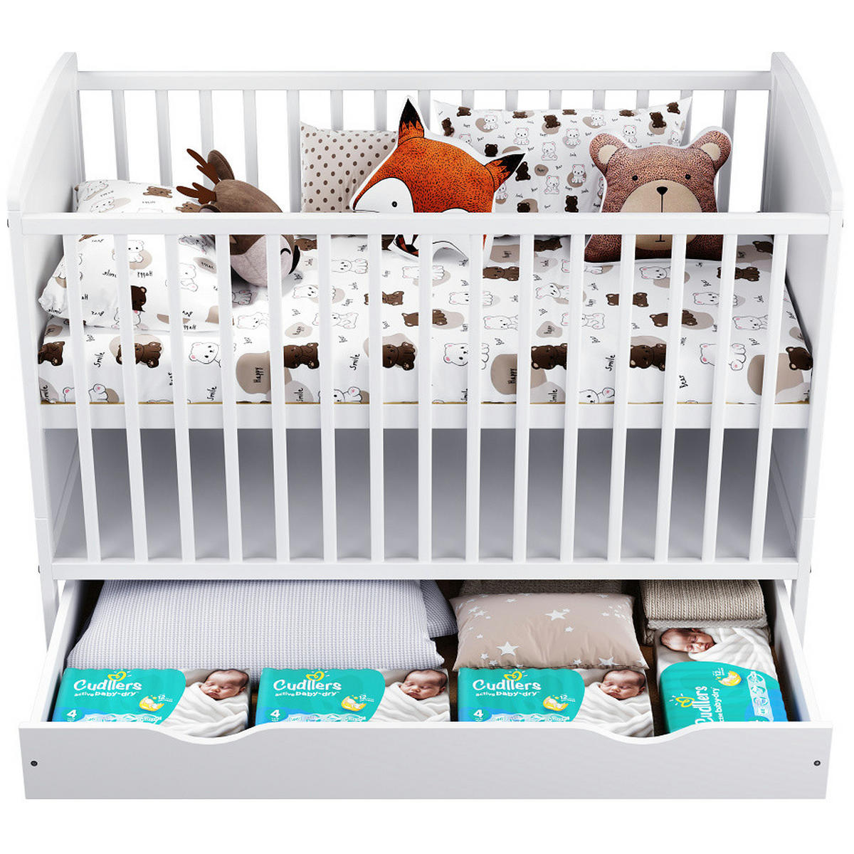 BABYBETT 2-IN-1 mit Schublade mit Matratze 60/120 cm Weiß - Weiß, Holz (60/120cm) - Lettino