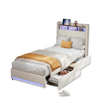 POLSTERBETT Leinen 90x200 cm mit LED Beleuchtung, USB und 4 Schubladen Beige - Beige, Holzwerkstoff (90/200cm) - Novahome