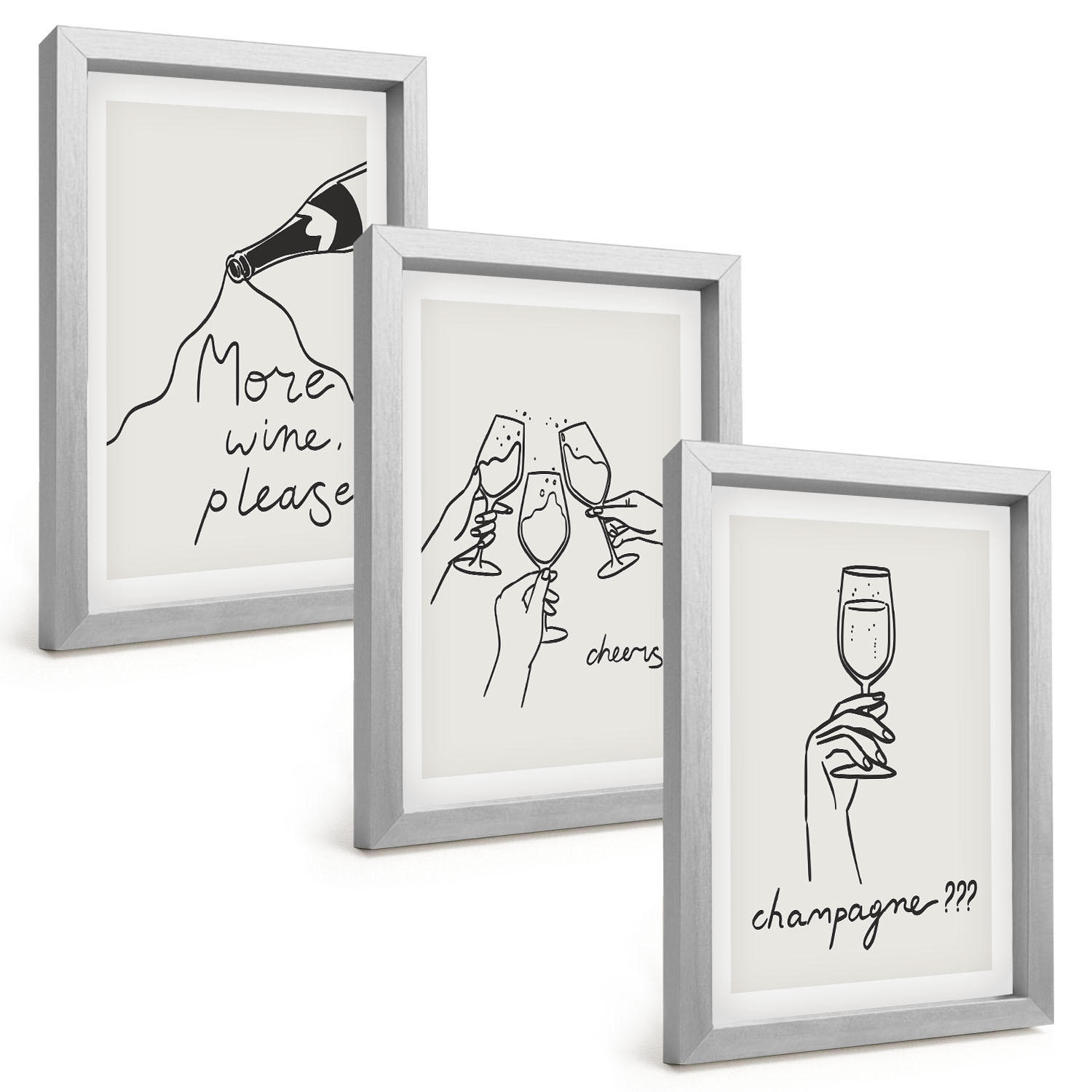 BILDER SET 3er Set - 20x30 cm Silberner Rahmen - Champagner-Wein-Linienzeichnung - Silberfarben, Kunststoff (20/30cm) - TULUP
