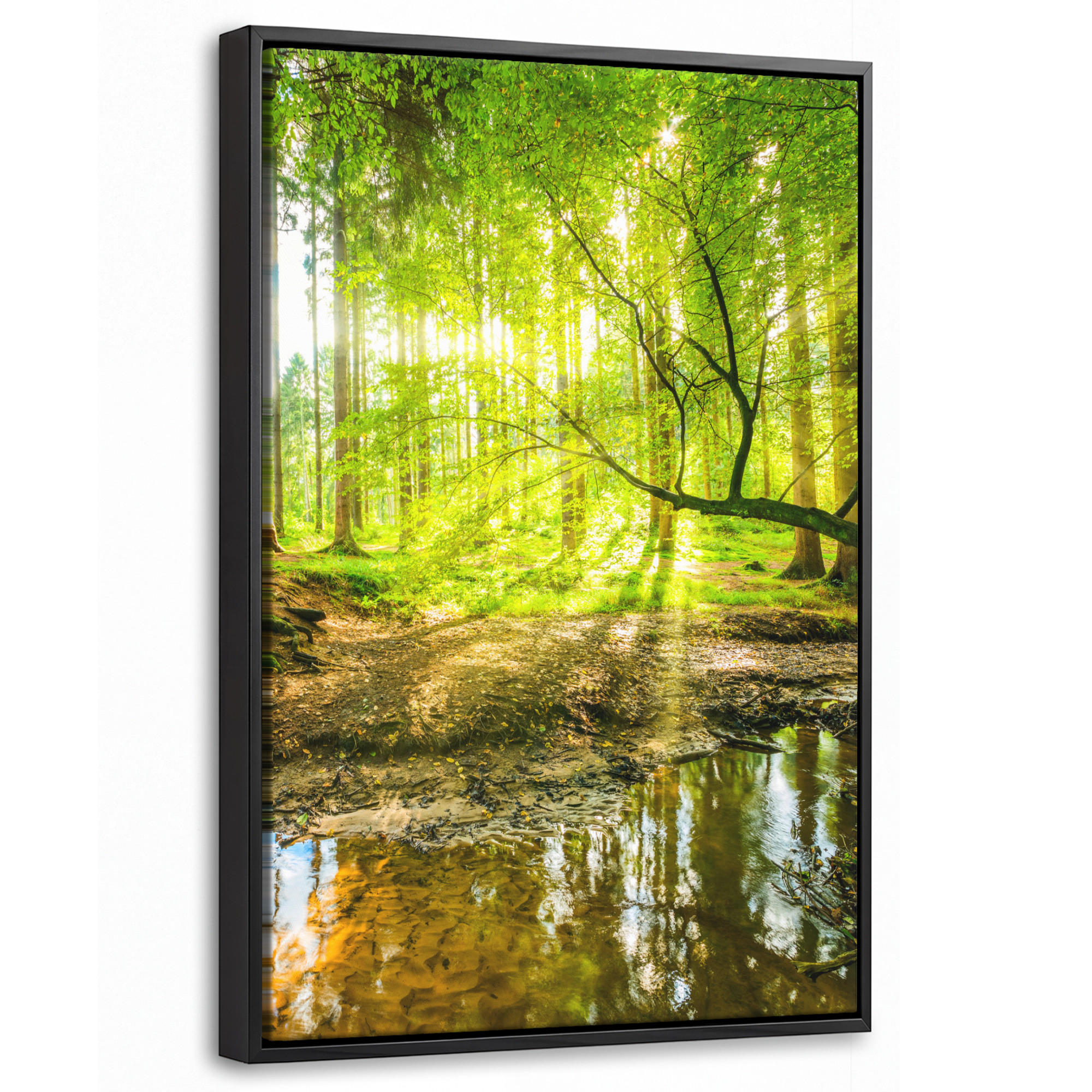 LEINWAND Bilder mit Rahmen - Wald - Landschaft - Wasser - Bäume - Sonne - Grün - Natur - 20x30 - Grün, Textil (20/30cm) - MuchoWow
