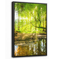 LEINWAND Bilder mit Rahmen - Wald - Landschaft - Wasser - Bäume - Sonne - Grün - Natur - 20x30 - Grün, Textil (20/30cm) - MuchoWow