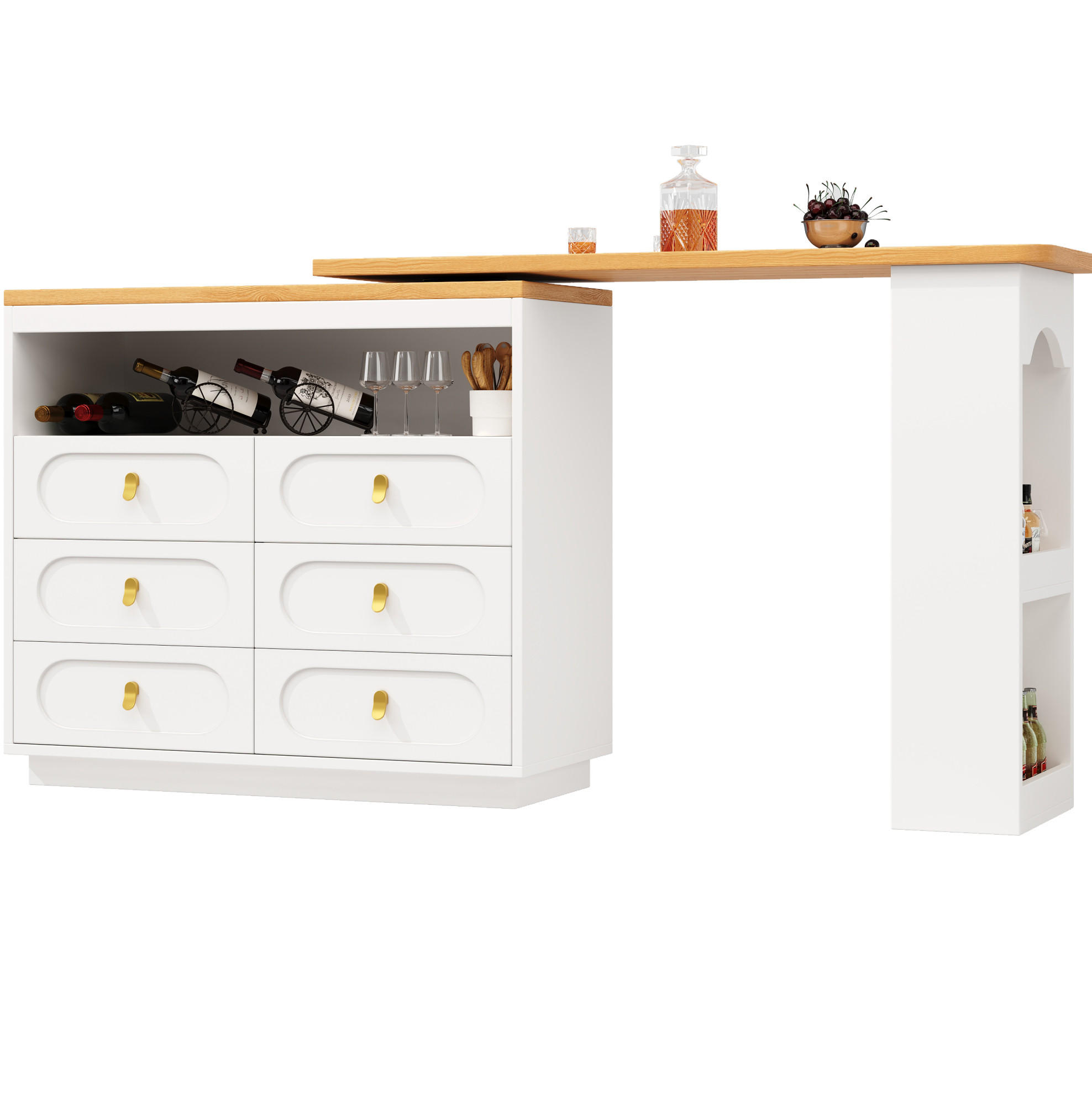 BARTISCH aus MDF, ausziehbar 137-203/39/90 cm mit 360° Drehfunktion & 6 Schubladen, Weiß - Weiß, Holzwerkstoff (39/90/137cm) - Redom