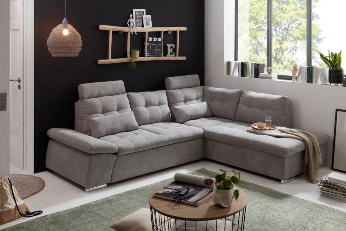 ECKSOFA mit Schlaffunktion, Bettkasten und verstellbarer Armlehne - Chromfarben/Schlammfarben, Textil (219/260cm) - ed exciting design