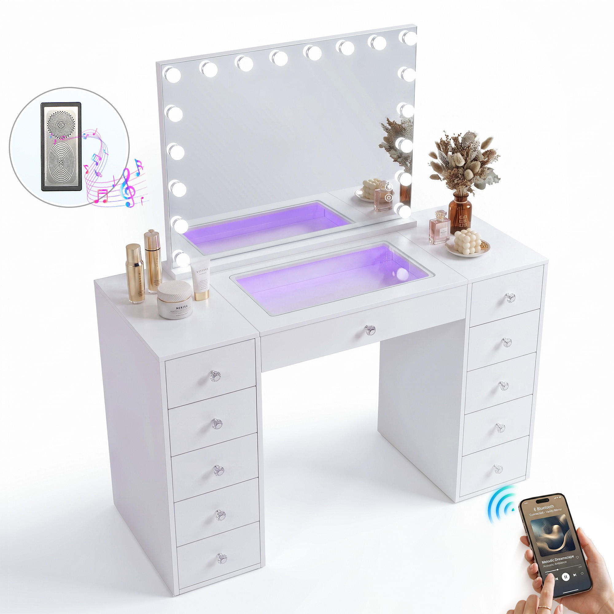 SCHMINKTISCH mit Spiegel Beleuchtung Bluetooth 11 Schubladen Weiβ 130/55/139 CM - Weiß, Holz/Metall (130/81/55cm) - VANITII