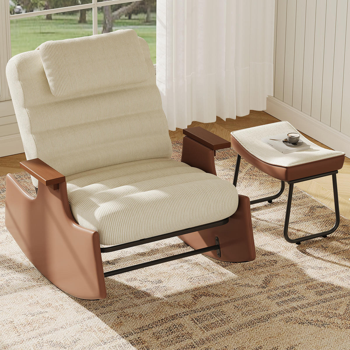 SCHAUKELSESSEL Cord mit Fußhocker & verstellbarer Rückenlehne - Beige, Holz/Textil (81/81/51cm) - PARAFTA HOME