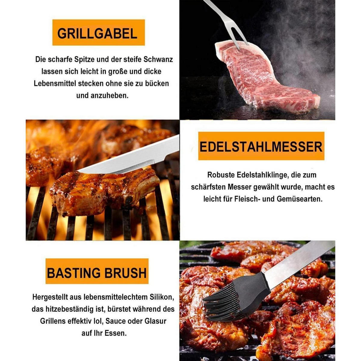 GRILLBESTECK Set 20-teilig Edelstahl mit Schürze und Koffer - Multicolor, Metall (38.3cm)
