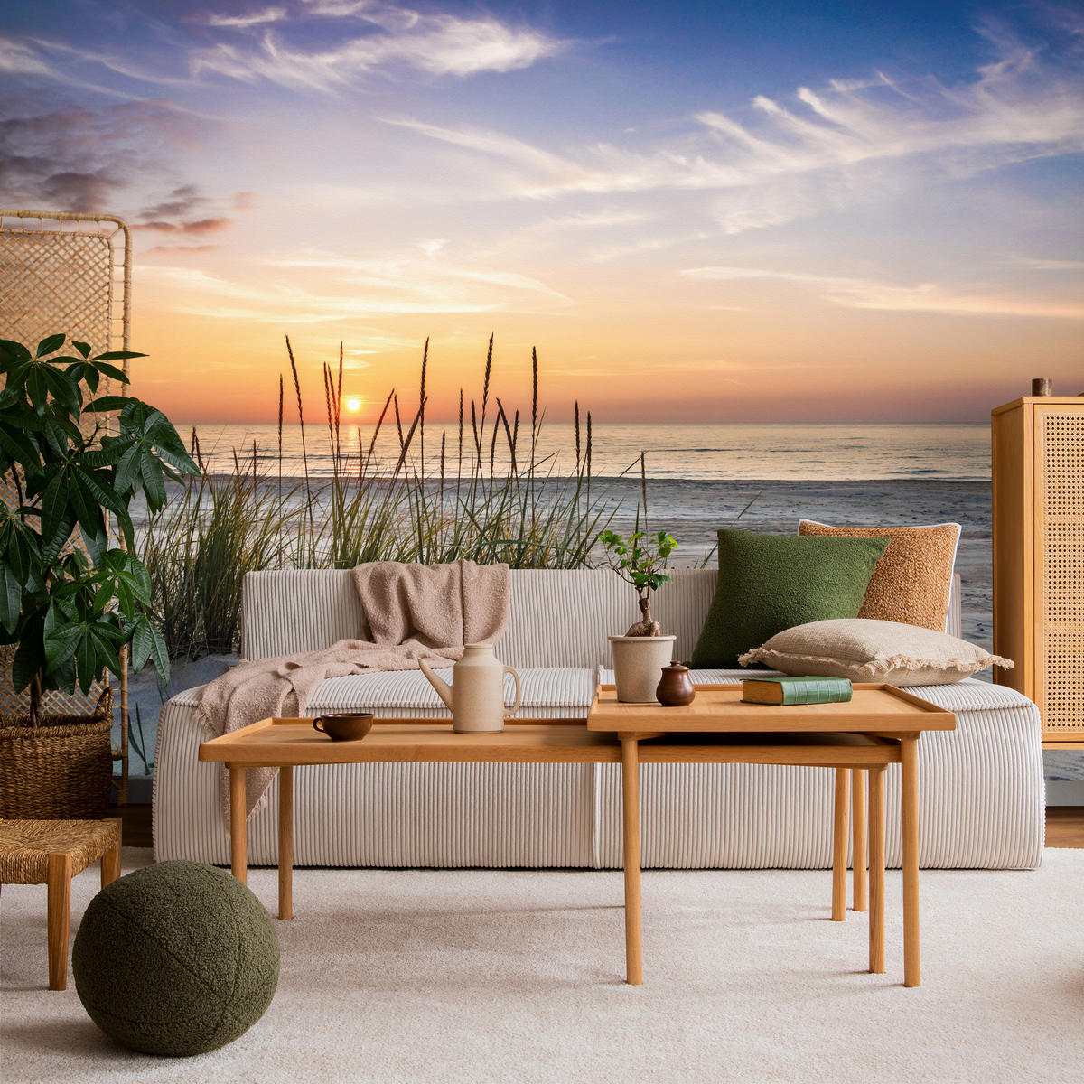 FOTOTAPETE für Wohnzimmer Landschaft Meer Strand Dünen Sonnenuntergang 200x140 - Beige/Violett, Papier (200/140cm) - Muralo