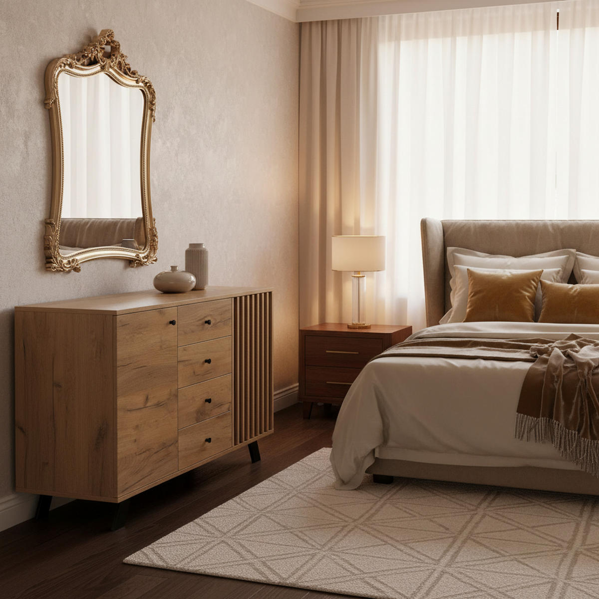 SIDEBOARD 2 Schränke, 4 Schubladen, Hohldekor, Holzfarbe & Schwarz 5 Massivholzbeine, Viel Stauraum - Sonoma Eiche, Holzwerkstoff (120/75/38cm) - Urban Meuble