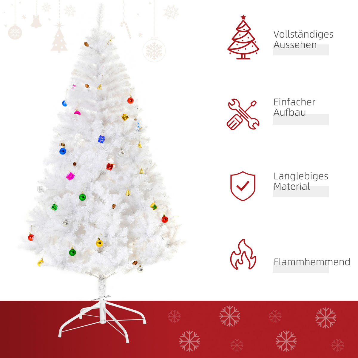 WEIHNACHTSBAUM Christbaum Tannenbaum 150/180cm PVC 680 Spitze inkl. Deko Weiß - Weiß, Metall (180cm) - HOMCOM