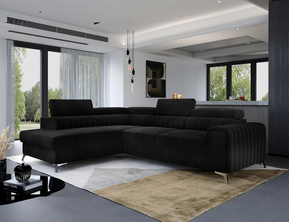ECKSOFA Laurence mit Schlaffunktion & Bettkasten – 278 x 205 cm, verstellbare Kopfstützen - Schwarz, Kunststoff (278/205cm) - Wohnideebilder