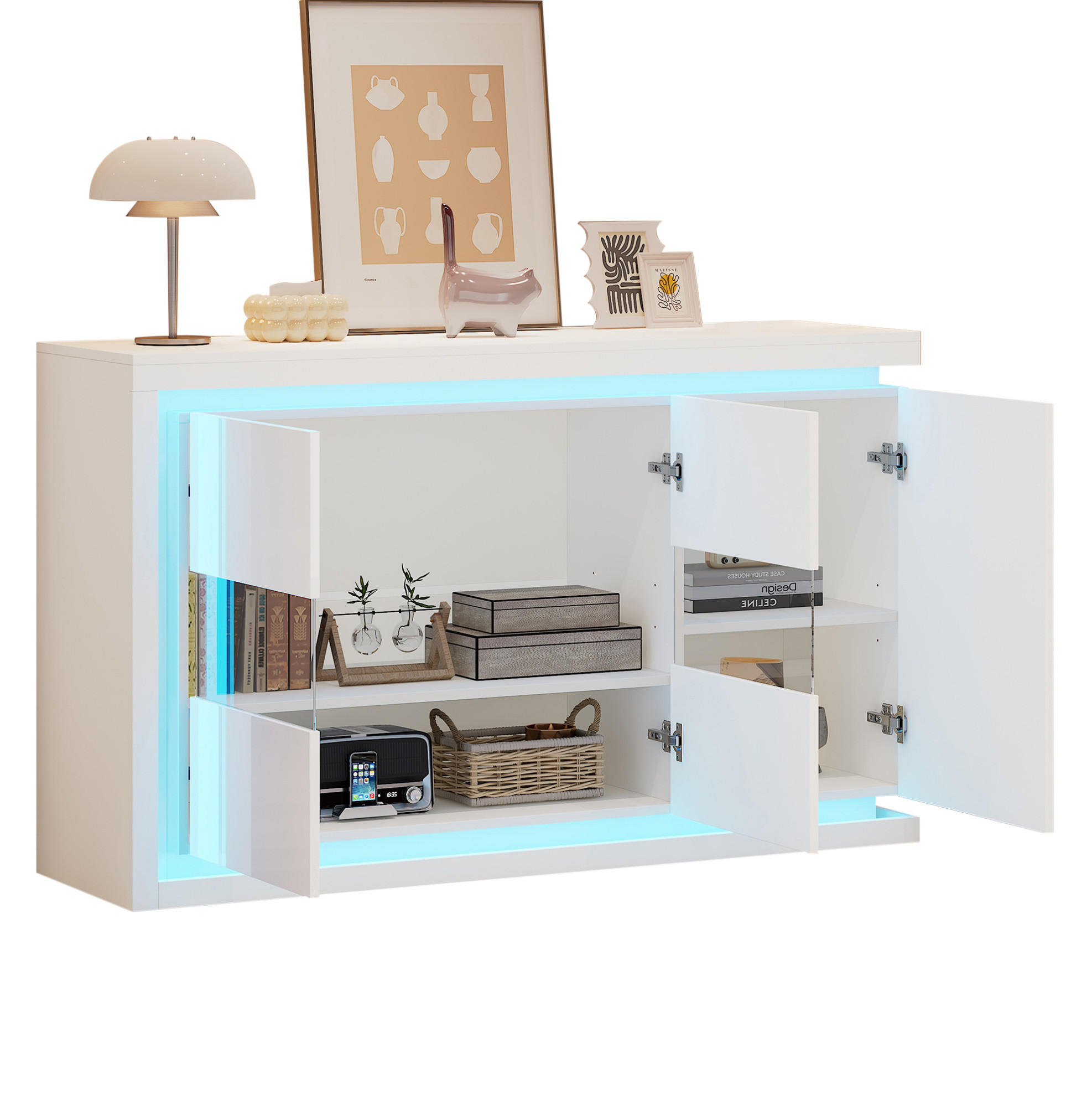 SIDEBOARD 140/40/84 cm Weiß aus Spanplatte mit LED-Lichtleiste - Weiß, Holzwerkstoff (40/84/140cm) - OKMYHOME