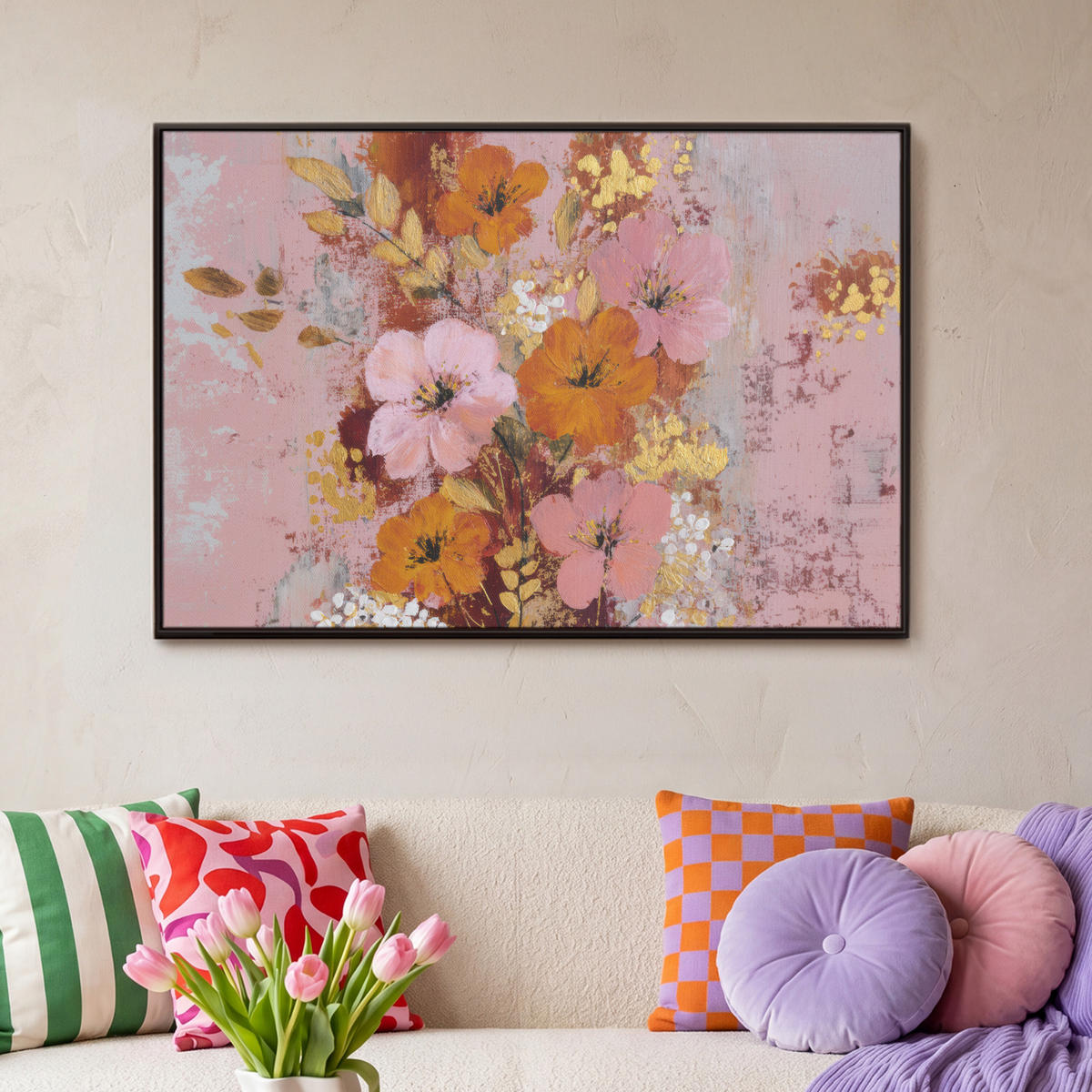 LEINWAND Bilder mit Rahmen - Malerei - Blumen - Rustikal - Rosa - 90x60 - Altrosa, Textil (90/60cm) - MuchoWow