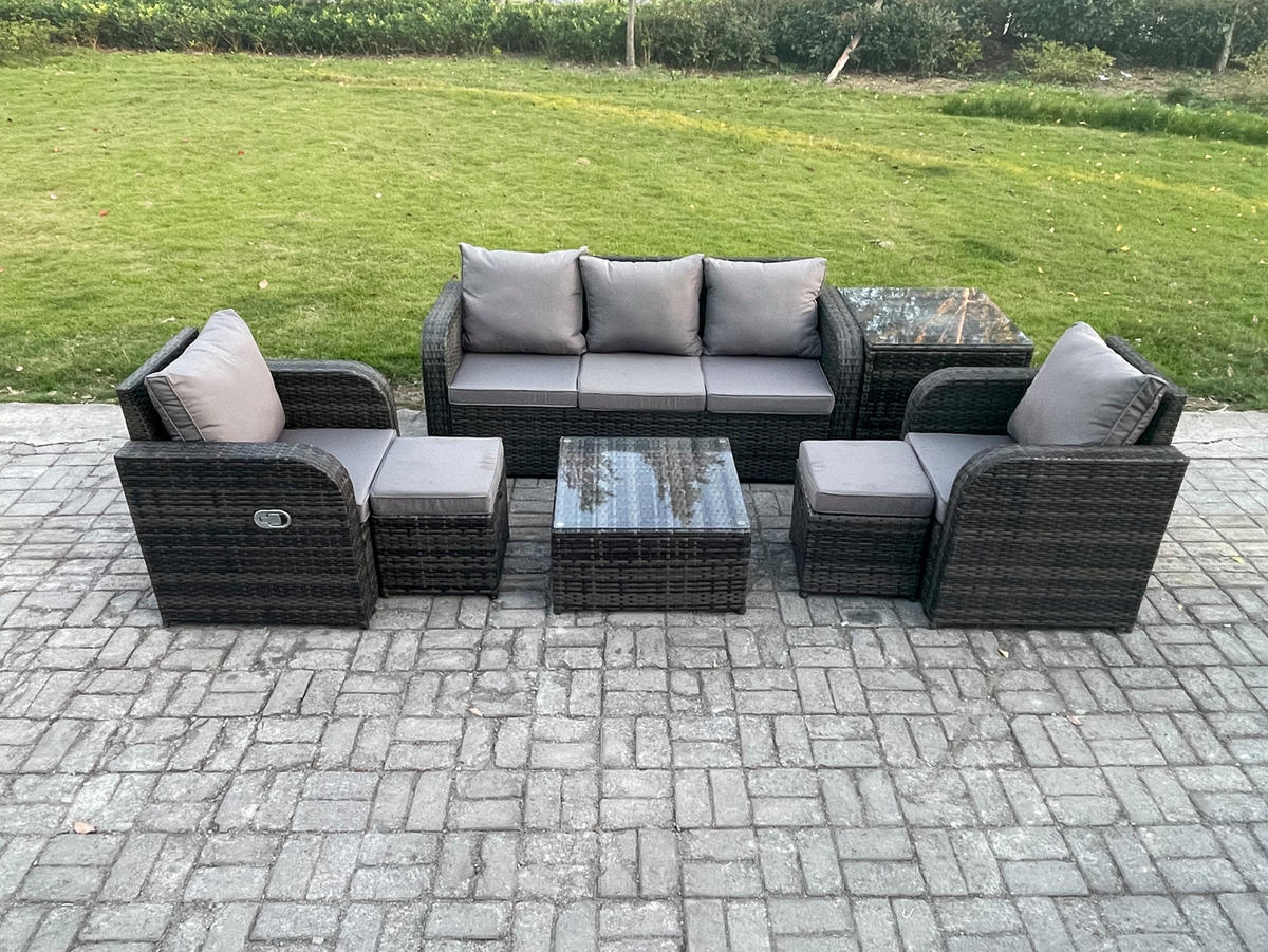 GARTENMÖBELGARNITUR mit KISSEN Polyrattan Dunkelgrau 5-Sitzer - Dunkelgrau/Grau, Glas/Kunststoff - Fimous