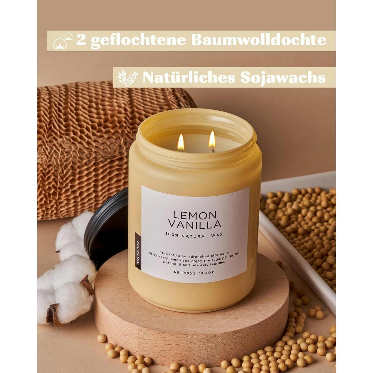 DUFTKERZE Zitrone Vanille 550g 110 Stunden Brenndauer Sojawachs im Glas - Gelb, Paraffin (13cm)