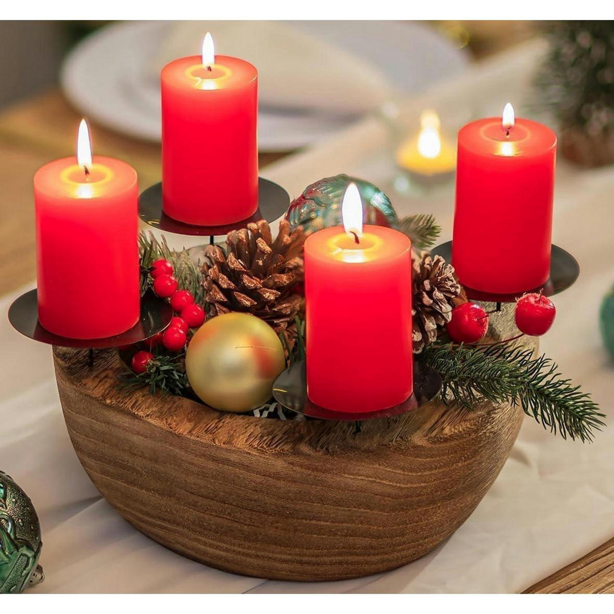 ADVENTSKRANZ Holzschale mit 4 Kerzenhaltern 25 cm - Rot, Holz (10cm)