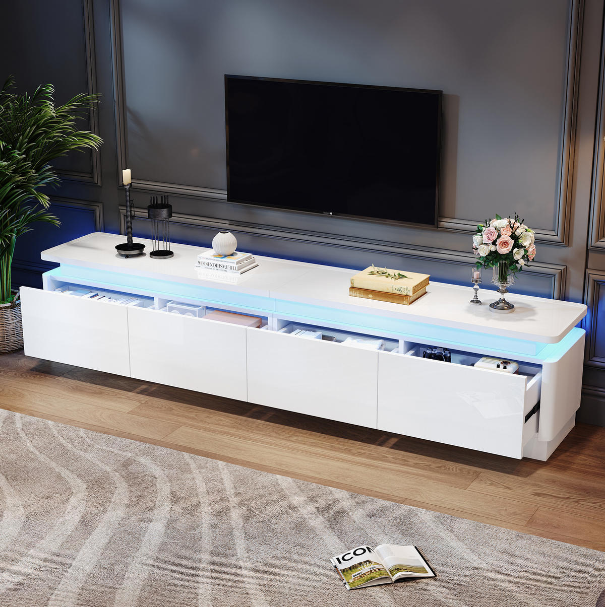 TV-SCHRANK mit 4 Schubladen 180 x 34 x 40 cm Hochglanz Weiß mit LED - Weiß, Holzwerkstoff (34/40/180cm) - Beauniv