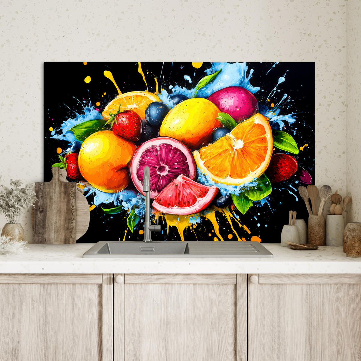 SPRITZSCHUTZ KÜCHE Obst - Graffiti - Bunt - Orange - Erdbeere - Abstrakt 90x60 cm - Orange, Metall (90/0.3/60cm) - MuchoWow