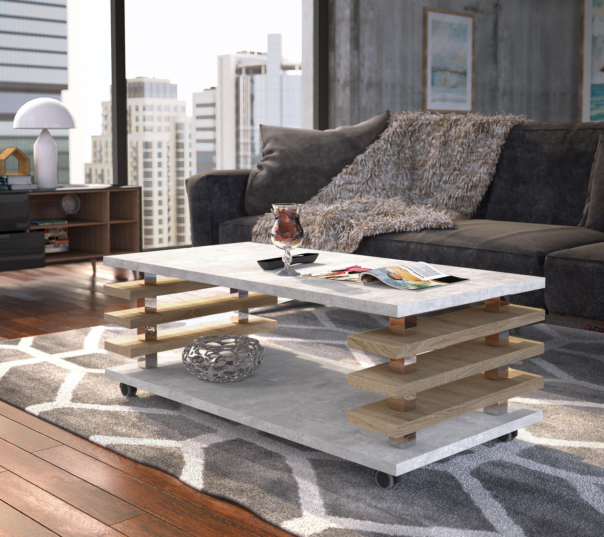 COUCHTISCH rechteckig Beton Sonoma - Eiche Ablage Rollen - Hellgrau/Sonoma Eiche, Holzwerkstoff (60/120/45cm) - designimpex